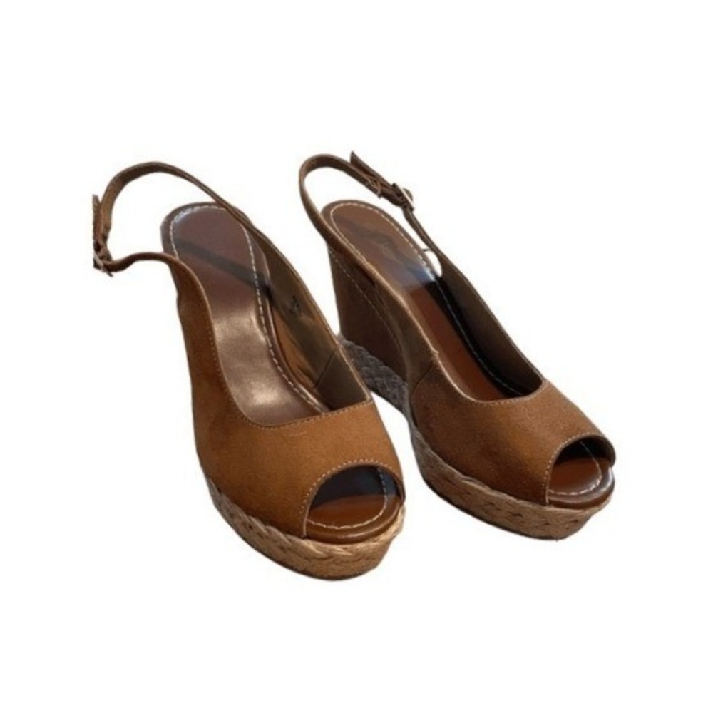 Brash Platform Wedge Sandals Brown Suede Leather Peep Toe Espadrille 10